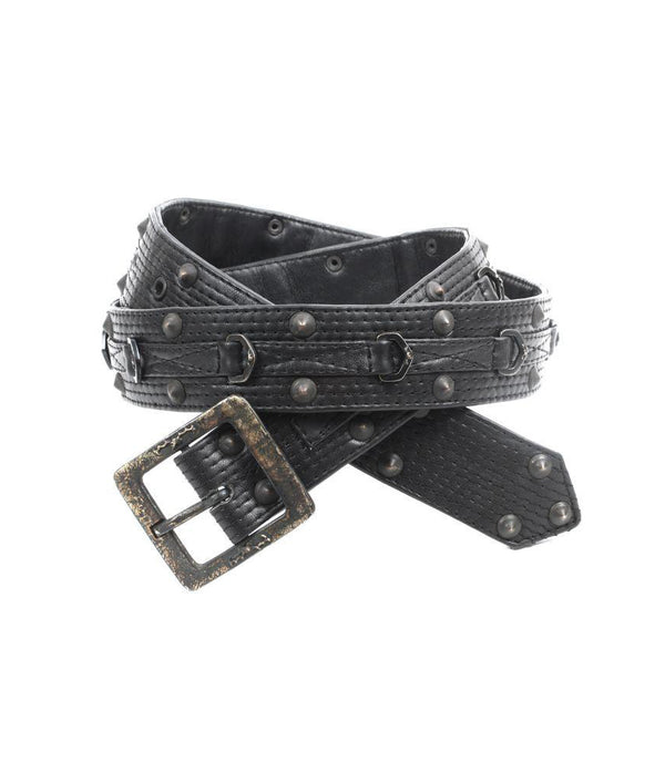 A black textured men's leather belt with silver-toned metal studs, D-rings, and a distressed bronze buckle, coiled on a white background.