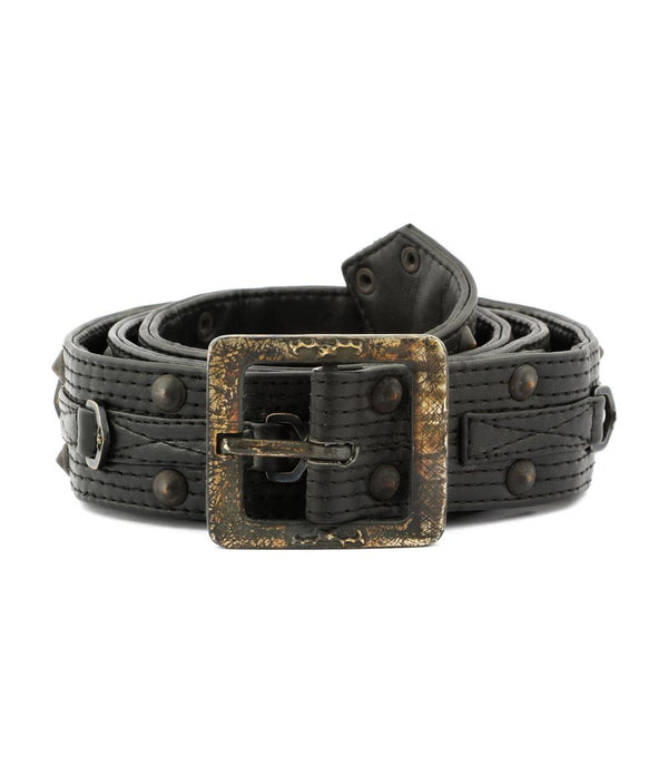 A black leather belt with a heavily distressed, textured bronze buckle and matching metal rivets, coiled on a white background.