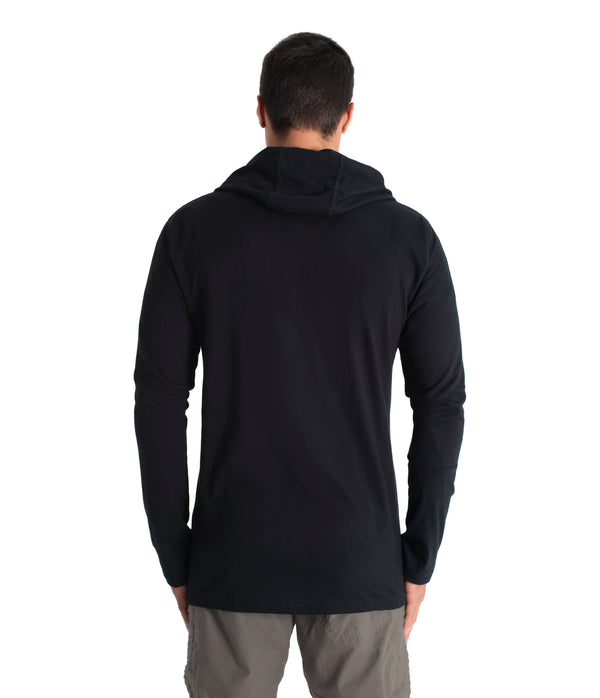Person wearing a black hoodie from behind on a white background