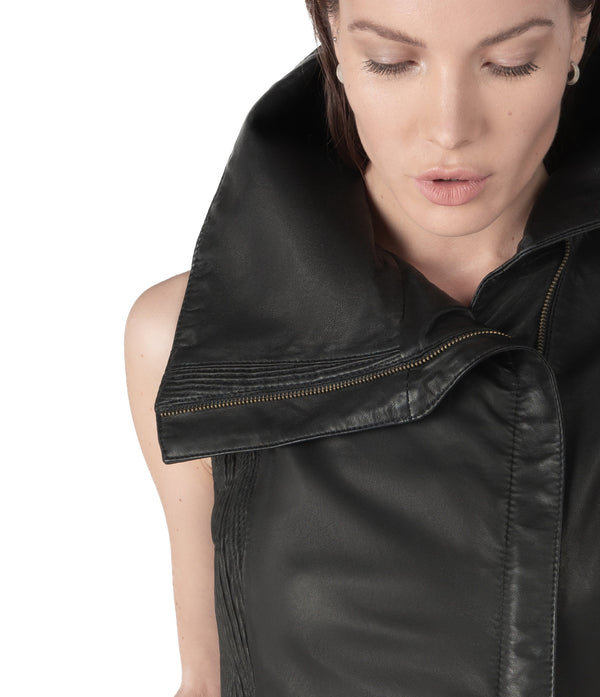 sculptural lambskin sleeveless vest with high flared collar,