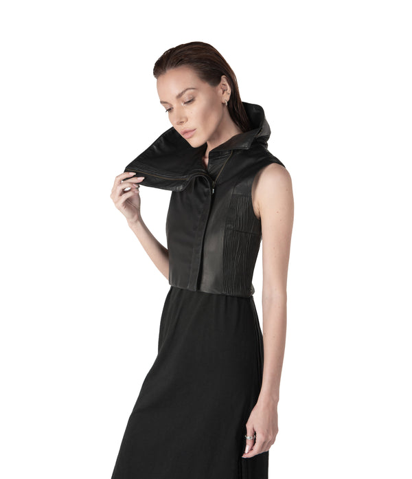 sculptural lambskin sleeveless vest with high flared collar,