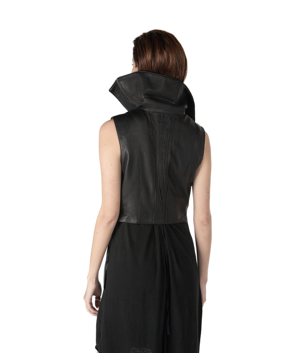 sculptural lambskin sleeveless vest with high flared collar,