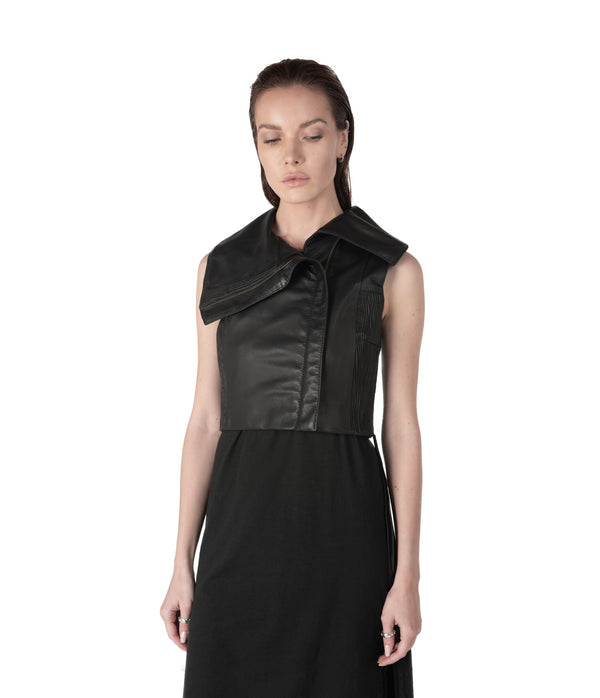 sculptural lambskin sleeveless vest with high flared collar,