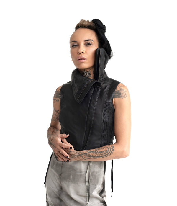 sculptural lambskin sleeveless vest with high flared collar,