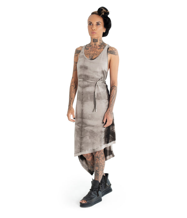 Easy to wear, relax fit, asymmetrical tank dress made of very soft eco-bamboo and cotton jersey blend. Raw hem finish, linen string tied back. Hand dyed with plants.