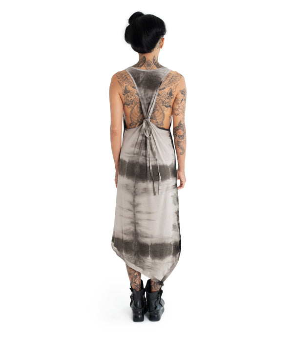 Easy to wear, relax fit, asymmetrical tank dress made of very soft eco-bamboo and cotton jersey blend. Raw hem finish, linen string tied back. Hand dyed with plants.